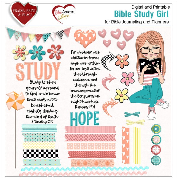 Bible Journal Kit- Printable & Digital . Bible Study Girl Clip  (Print PDF on Sticker or Copy Paper OR use in Photoshop Elements)