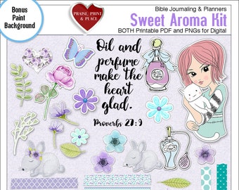 Sweet Aroma Bible Journal Kit: Girl, Cat, Flowers (Printable PDF & PNG)