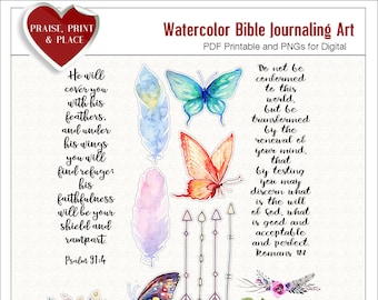 Watercolor Printable and Digital Bible Journaling Art: Feathers and Butterflies with Scripture