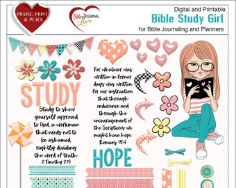Bible Journal Girl Clip Art Kit: Printable Stickers (PDF & PNG)