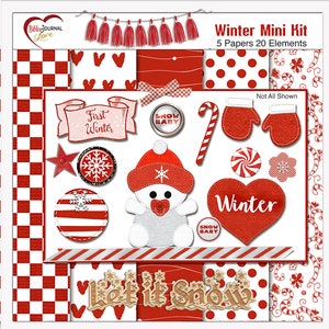 Winter Snow Mini Digital Scrapbooking Kit  Red and White Felt, wood, snow, winter 5 Papers 20 Elements