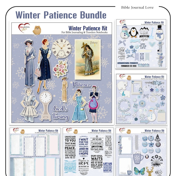 Patience Bible Journaling Kit inBlues with Vintage Retro Ladies, Snowmen, Travelers Notebook Backgrounds, Word Art, Bible Verses