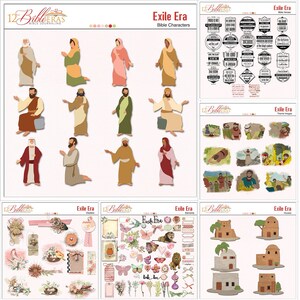 May include: A digital scrapbooking kit with a pink and white color scheme. The kit includes images of flowers, butterflies, frames, and houses. The kit is titled "Exile Era" and includes the text "Dreams Israel Build Persia Fall".