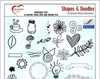 26 Shapes & Doodles Digital Mixed Media Stamp Elements  Bible or Art Journaling, Light, Coffee, Mason Jar, Heart, Leaves, Flowers, and more