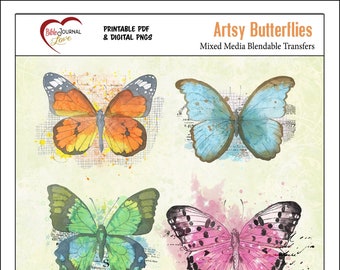 Artsy Blendable Butterfly Transfers for Bible Journaling, Junk Journals, Art Journal, Mixed Media.  Both Printable PDF & Digital PNGs