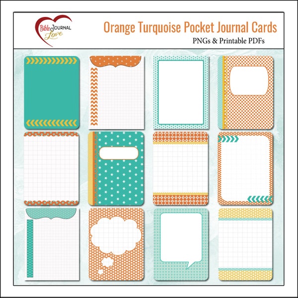 Turquoise Orange 3x4 Journal Cards, Pocket Cards,  Project Life Inspired, Printable PDF & PNG, Digital Scrapbooking