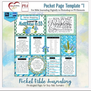 May include: A printable pocket page template for Bible journaling. The template features a blue and green color scheme with floral accents. The page includes sections for verse mapping, translation, cross references, observation, context, and a key word. The text "But seek first the kingdom of God and his righteousness" is featured in a large font.