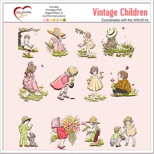 Vintage Kinder im Garten Chipboard: Druckbare und digitale DIY Aufkleber