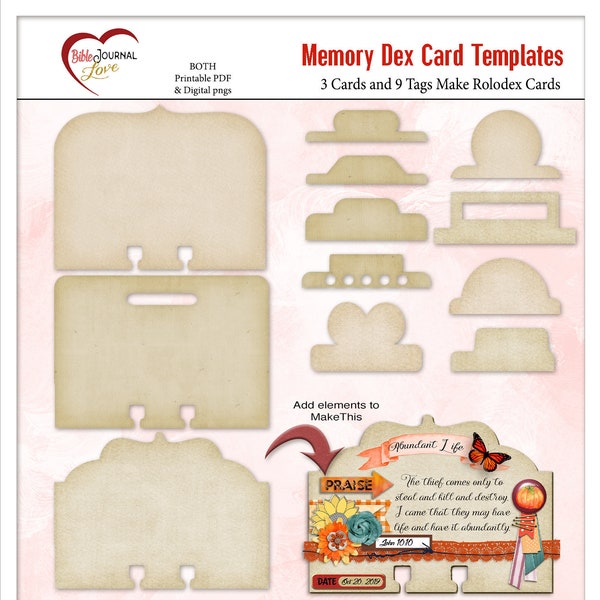 Modèles de cartes Memory Dex pour des projets Rolodex de journalisation biblique ou de scrapbooking, à la fois imprimables et numériques