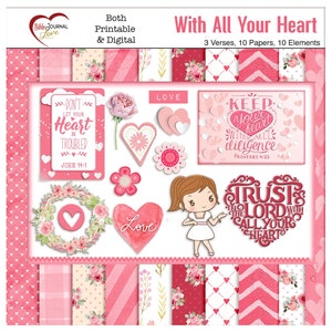 Valentine Heart Bible Journal Mini Kit: 3 Bible Verses 10 Papers and 10 Elements Both Printable & Digital!