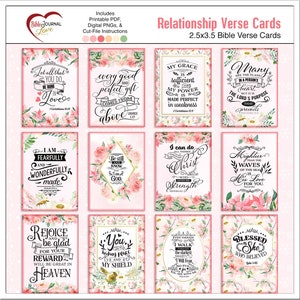 May include: A set of 12 printable Bible verse cards featuring pink floral designs and inspirational quotes. The cards are 2.5 inches by 3.5 inches and include verses about love, faith, and strength.