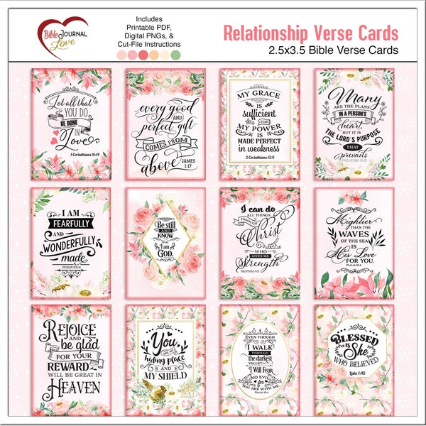 12 Bible Verse Watercolor Floral Cards for Bible Journaling, Tip-Ins, Junk Journals, Gifts, Includes: PDFs and Digital PNGs and Cut Files