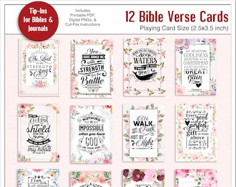 12 Bible Verse Watercolor Floral Cards for Bible Journaling, Tip-Ins, Junk Journals, Gifts, Includes: PDFs and Digital PNGs and Cut Files