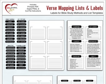 Verse Mapping Lists and Labels for Bible Journaling for several  Bible Study Methods Printable & Digital