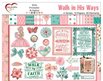 Bible Journal Kit: Walk in His Ways, Verses, Papers, Elements (Printable & Digital)