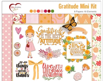 Gratitude Mini Kit Includes Printable PDFs and Digital PNGS, Cute Girl Chipboard and 4 Bible Verse Word Arts