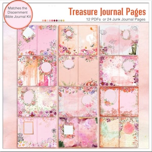 May include: Twelve printable pages for junk journaling, featuring a pink and white floral design with watercolor accents. The pages are designed to match the Discernment Bible Journal Kit.