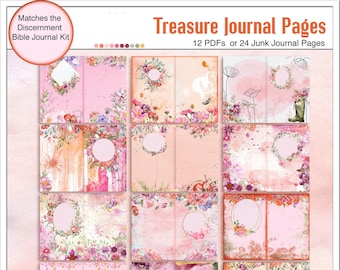 Junk Journal or Treasure Journal:  Pink, Orange and Purple Watercolor Florals with frames for journaling