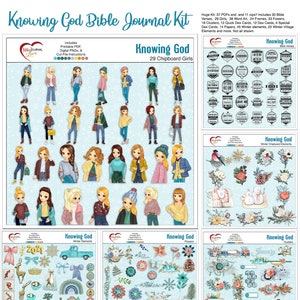 May include: A digital scrapbooking kit with a winter theme. The kit includes 37 PDFs and 11 zip files. The kit includes chipboard girls, flowers, frames, clusters, quick dex cards, dex cards, special dex cards, papers, winter elements, and winter village elements. The kit is designed for use with a Bible journal.