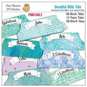Printable Bible Tabs for Bible Journalling / 66 Books of the Bible / & Blank Tabs/ Blue, Green, Purple, Watercolor and Glitter image 1