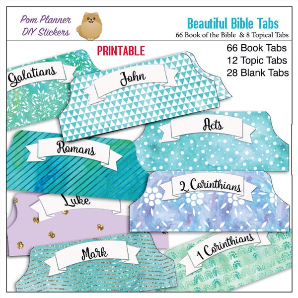 Printable Bible Tabs for Bible Journalling / 66 Books of the Bible /  & Blank Tabs/ Blue, Green, Purple, Watercolor and Glitter