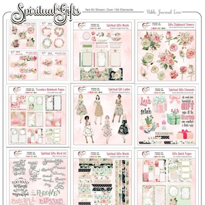 May include: A digital printable set of Bible journaling elements featuring floral designs, ladies in vintage dresses, gift boxes, and inspirational quotes. The set includes over 150 elements, including washi tape, chipboard flowers, and quick pages.