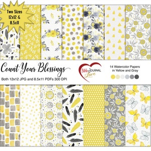 Count Your Blessings 14 Yellow Gray Watercolor Papers, With Digital 12x12 and Printable 8.5x11