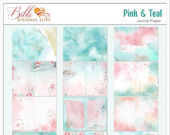 Printable Pink and Teal Treasure Journal Pages (24 Junk Journal Pages or 12 11x8.5PDF) Textured Watercolor Art Journal