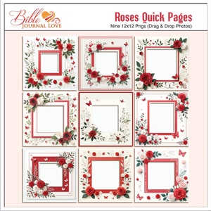 Può includere: Nove pagine digitali di scrapbooking con rose rosse e fiori bianchi con una cornice quadrata al centro di ogni pagina. Il testo "Roses Quick Pages" e "Nine 12x12 Pngs (Drag & Drop Photos)" è in alto nell'immagine.