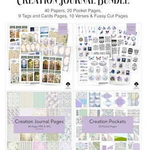 May include: A Creation Journal Bundle with 40 papers, 20 pocket pages, 9 tags and cards pages, 10 verses, and fussy cut pages. The image shows various printable pages with floral and nature-themed designs, including tags, cards, and journal pages. The text "Creation Journal Pages" and "Creation Pockets" are visible.