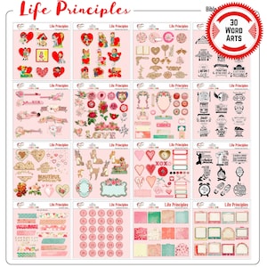 May include: A set of 30 printable digital word art images in a pink and red color scheme with a variety of designs, including hearts, flowers, and frames. The images are perfect for scrapbooking, card making, and other crafting projects.