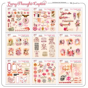 May include: A digital collage sheet with pink, white, and brown floral designs, including butterflies, flowers, and banners. The sheet also includes Bible verses and inspirational quotes. The sheet is titled "Every Thought Captive".