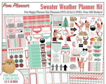 Planner Kit Stickers!  Sweater Weather Printable Planner Kit  5 PDFs Over 300 Stickers EC or Happy, Coral & Mint  Foxes Fall