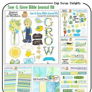 Ensemble de journaux bibliques Sow & Grow, des fichiers PDF imprimables et plus de 150 éléments numériques bleus, verts, jaunes. Instructions du journal biblique relié