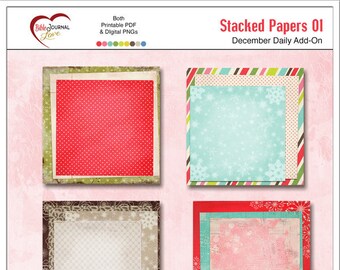 December Daily Christmas Stacked Papers Red, Green, Turquoise, & Pink Digital Scrapbooking Paper, Grunge, Distressed
