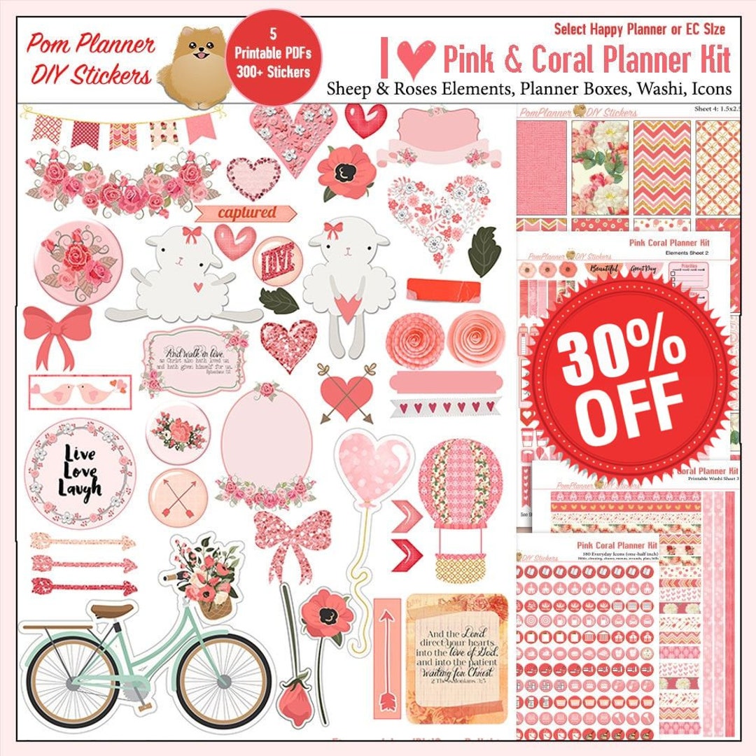 Planner Kit Printable Stickers Kit in Pink &amp; Coral Roses - Etsy