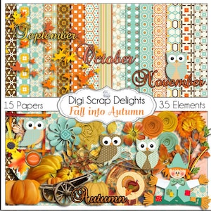 Fall into Autumn Owls Scrapbook Kit Owl Pumpkin Patch Digital Clip Art for Scrapbooking Fall Colors, Fall Festival, Instant Download image 1