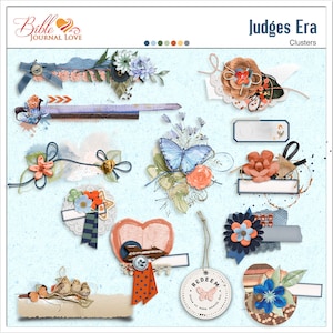 May include: Digital collage sheet with a blue, white, and brown color scheme. The sheet features various floral and butterfly designs, along with ribbons, labels, and other embellishments. The text "Judges Era" and "Clusters" is included on the sheet.