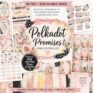 May include: A digital Bible journal kit titled Polkadot Promises featuring 60 PDF pages with over 40 Bible verses. The collection includes printable tags, journal cards, pockets, envelopes, washi strips, labels, butterflies, birds, and patterned papers.