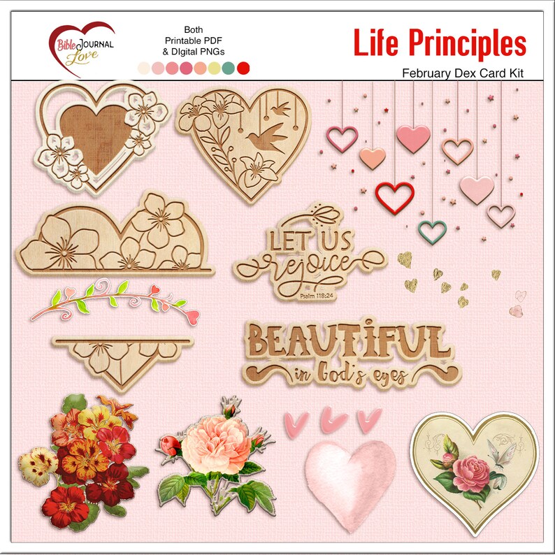 May include: A set of printable Valentine's Day cards featuring hearts, flowers, and inspirational quotes. The cards are designed in a rustic style with wood grain textures and floral accents. The text on the cards includes "Let us rejoice" and "Beautiful in God's eyes".