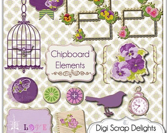 Vintage Pansies Frames, Bird, Bird Cage, Buttons Chipboard- Pansy  Clip Art - Elements for Digital Scrapbooking, Instant Download