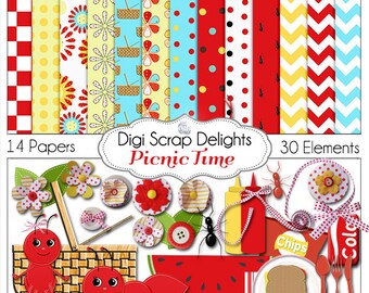 Picnic Digital Scrapbook Kit,  Red, Aqua, Yellow, Ants, Basket, Teachers, Crafts, Cards, Instant Download, DIY Party