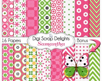 Pink and Green Digital Papers  Samatha Bonus Butterfly for Scrapbooking, Card Making, Photo Backgrounds, Instant Download