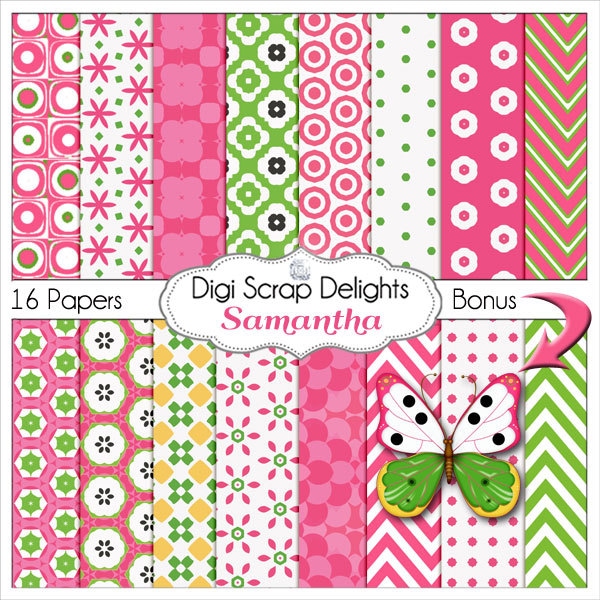 Pink and Green Digital Papers  Samatha Bonus Butterfly for Scrapbooking, Card Making, Photo Backgrounds, Instant Download