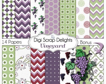 SALE 1.75 Grape Vineyard Digital Papers in Purples, Green, and Maroon w Grapes Clip Art, Chevron, Quatrefoil for Digital Scrapbook