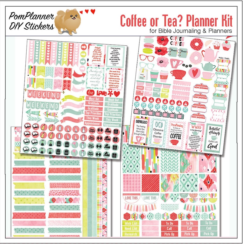 Planner Kit Printable Planner Stickers Kit Watercolor Ikat Coffee or Tea 4 PDF, 300 Stickers Bible Verses EC or Happyplanner image 1