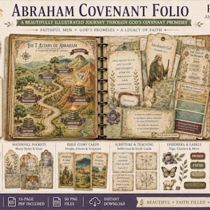 May include: A digital Abraham Covenant Folio kit featuring a 15-page PDF and 50 PNG files. The display shows a journal with a map titled The 7 Altars of Abraham, various scripture cards, ephemera, labels, and tags with floral and religious motifs.