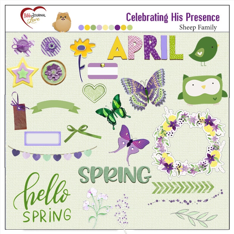 K&ouml;nnte beinhalten: Ein digitales Scrapbooking-Set mit Fr&uuml;hlingsmotiv. Das Set enth&auml;lt Bilder von Schmetterlingen, Blumen, einem Kranz, einem Vogel, einer Eule, einem Herzen, einem Stern, einer Blume, einem Banner, einer Schleife, einem Etikett, einem Label und dem Wort "APRIL". Das Set enth&auml;lt auch die W&ouml;rter "FR&Uuml;HLING" und "Hallo FR&Uuml;HLING".