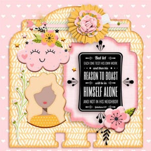May include: A decorative craft plaque featuring a yellow patterned background with a pink cloud, a stylized figure with blonde hair, and a central black sign with the text: But let EACH ONE TEST HIS OWN WORK and then his REASON TO BOAST will be in HIMSELF ALONE AND NOT IN HIS NEIGHBOR Galatians 6:4.