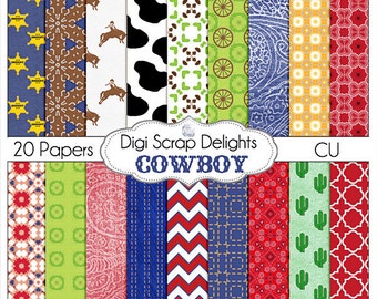 SALE 1.75 Cowboy Digital Scrapbooking Papers or Background, Instant Download